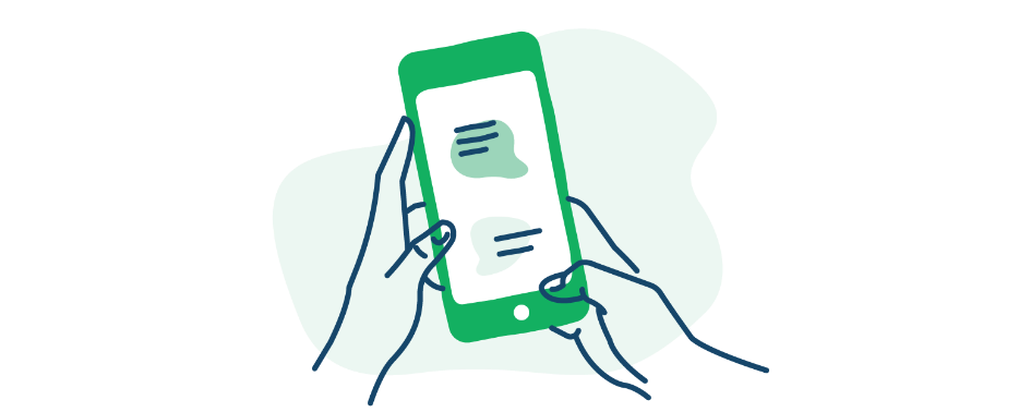 An illustration of a person's hands holding a phone with an illustrated chat displayed on it.