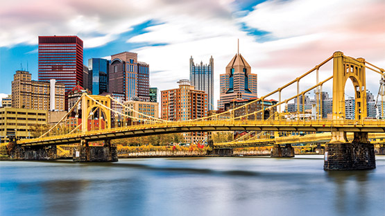 View of AHN hospitals and Pittsburgh skyline and its bridges from the north side.