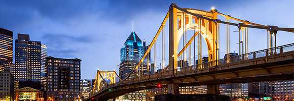 A view of Pittsburgh and the Roberto Clemente Bridge.