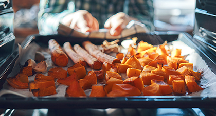 Healthy food coming out of an oven.